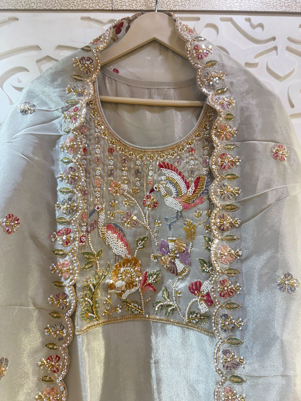 PURE TISSUE SILK EMBROIDERY UNSTITCH SUIT FABRIC