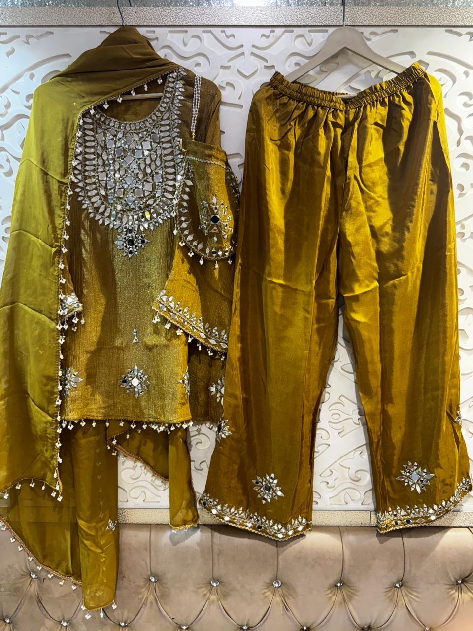 Women Crush Tissue Plazo set with potli bag