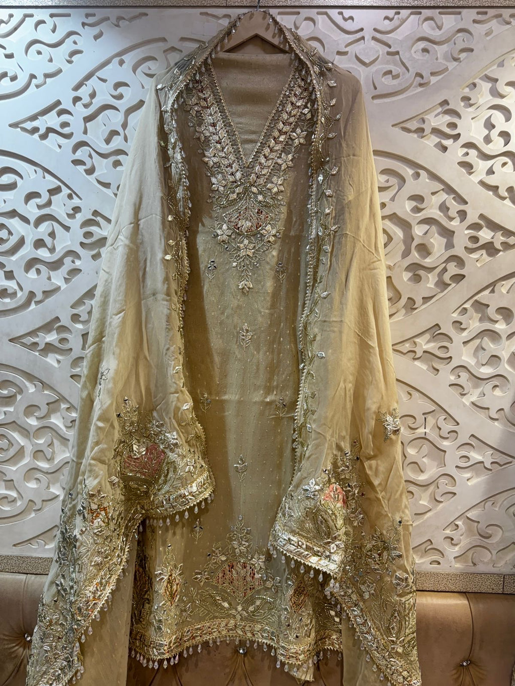 Ivory Gotta-Embellished Pure Tissue Unstitched Suit Set