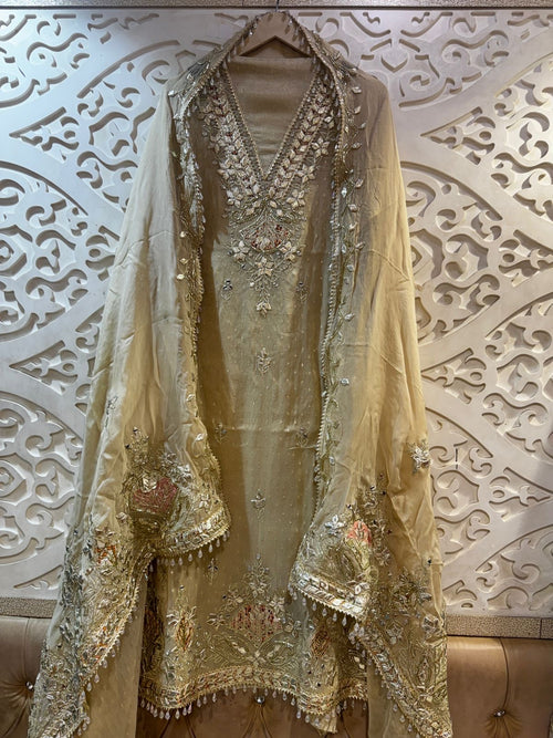 Ivory Gotta-Embellished Pure Tissue Unstitched Suit Set