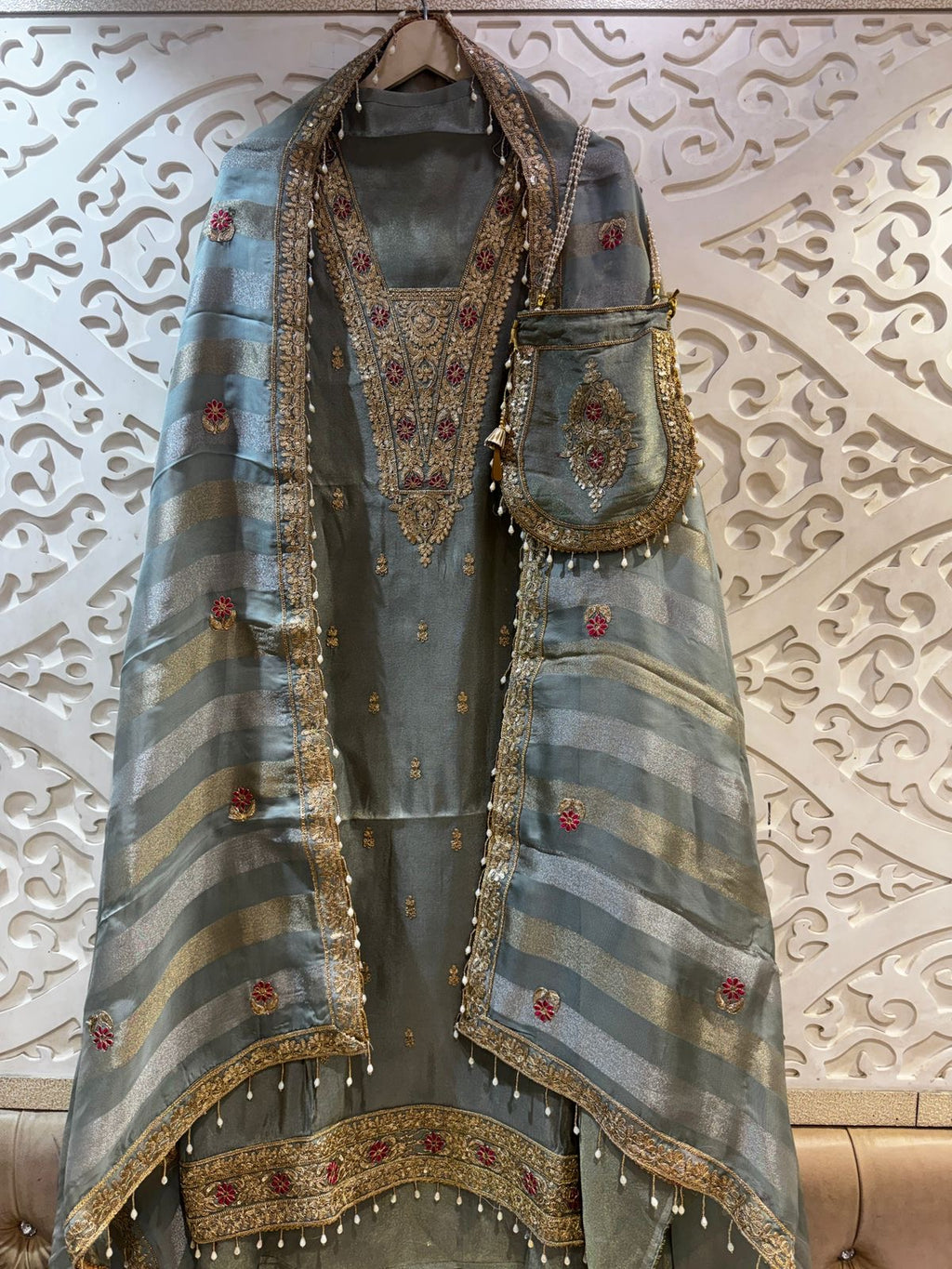 Embroidered Tissue Unstitch Suit Set with Organza Dupatta & Silk Bottom