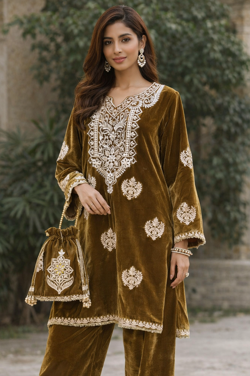 PURE VELVET CHOGA SET WITH POTLI BAG