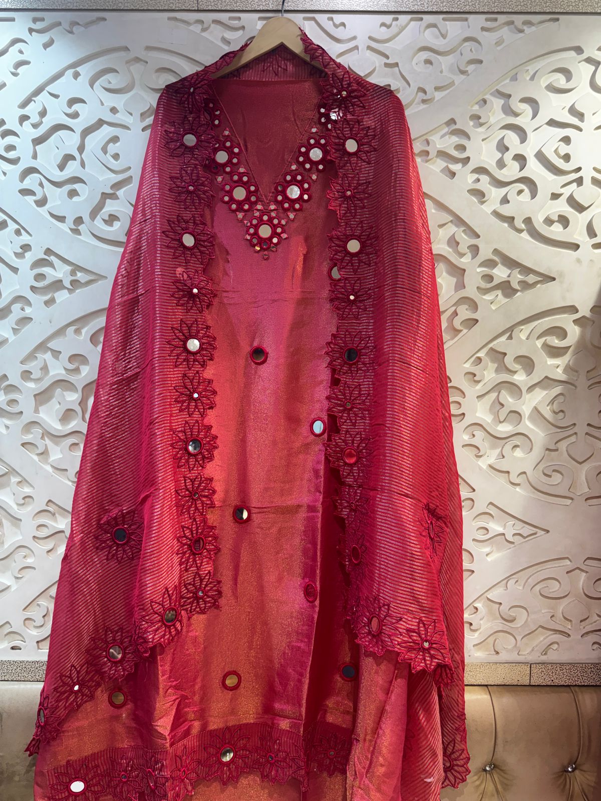 Regal Ruby Pure Tissue Mirror Work Unstitched Suit Set