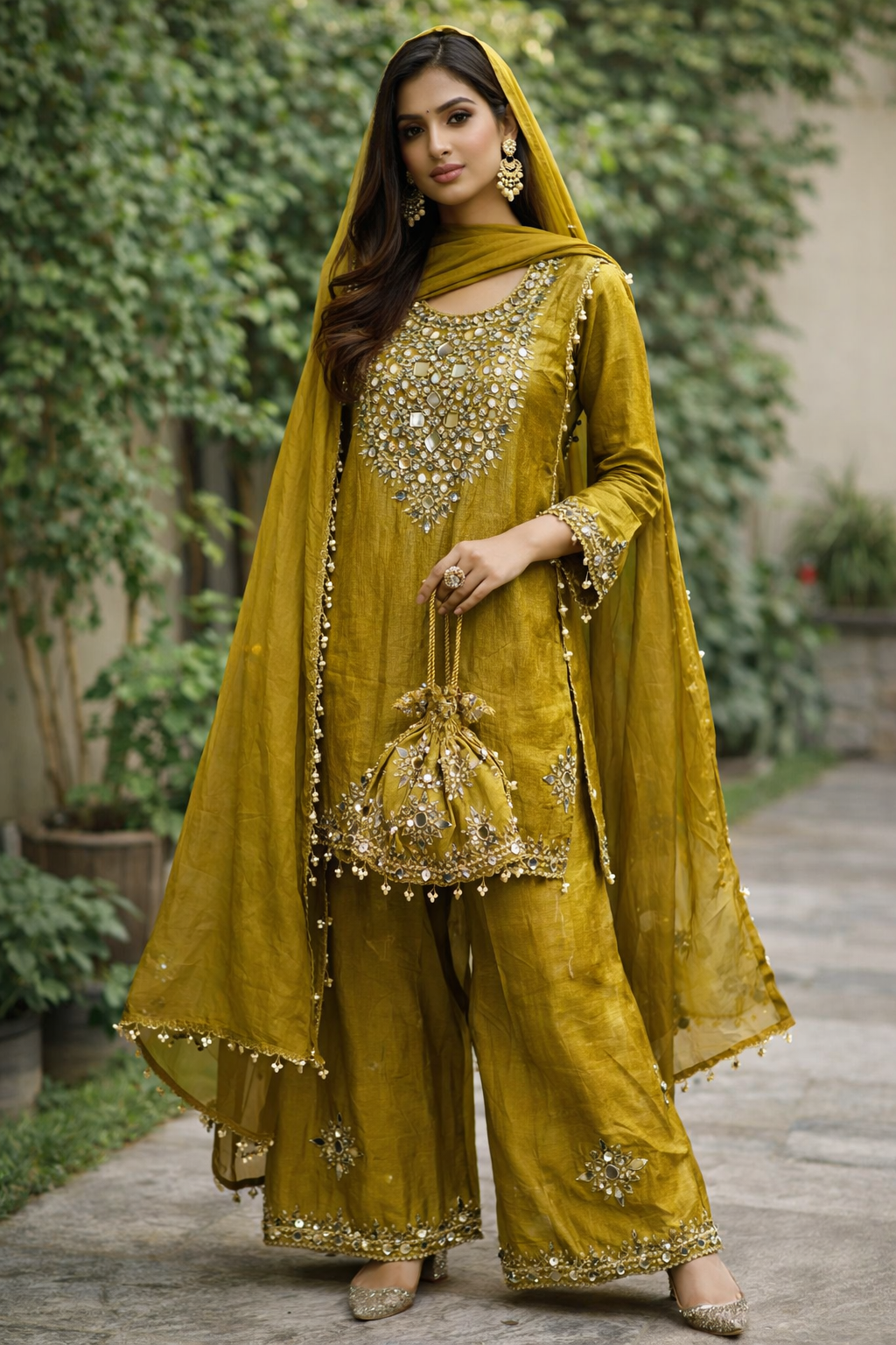 Women Crush Tissue Plazo set with potli bag