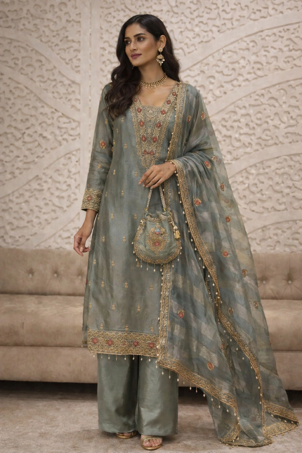 Embroidered Tissue Unstitch Suit Set with Organza Dupatta & Silk Bottom