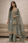 Embroidered Tissue Unstitch Suit Set with Organza Dupatta & Silk Bottom