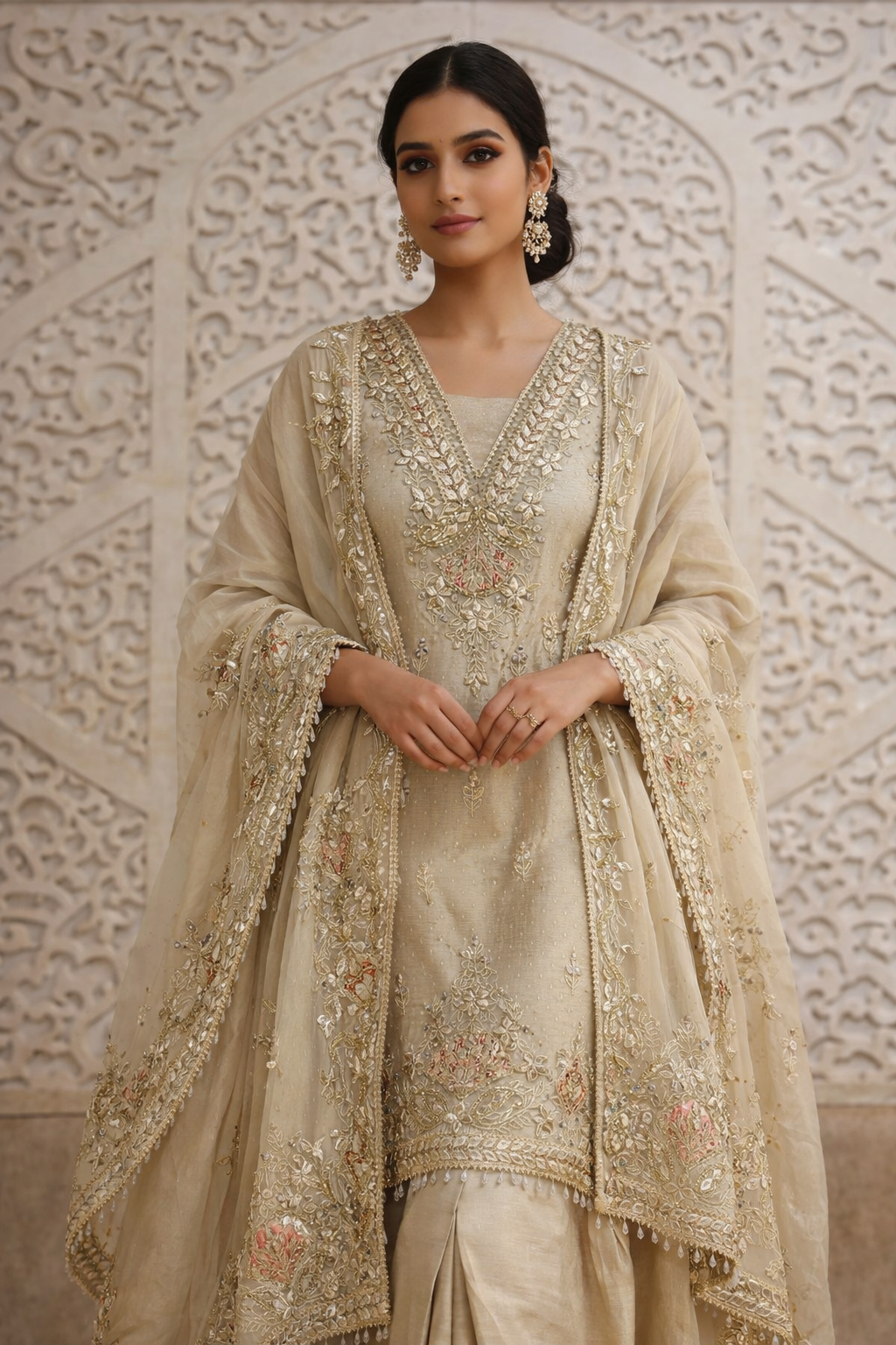 Ivory Gotta-Embellished Pure Tissue Unstitched Suit Set