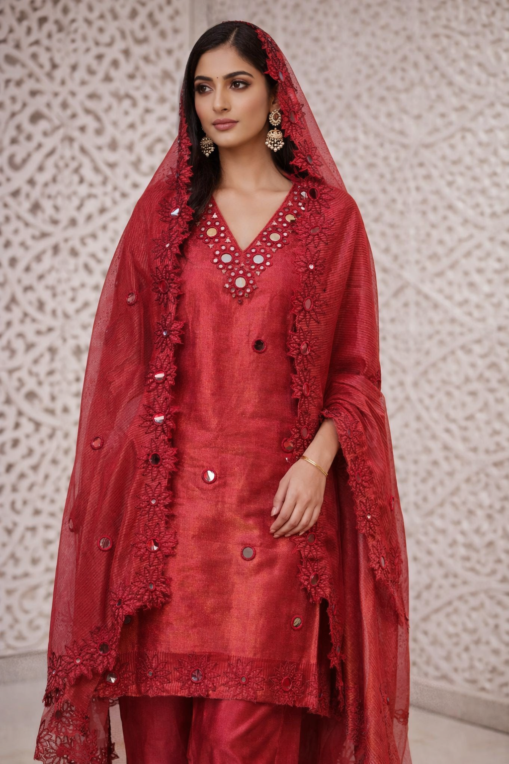 Regal Ruby Pure Tissue Mirror Work Unstitched Suit Set